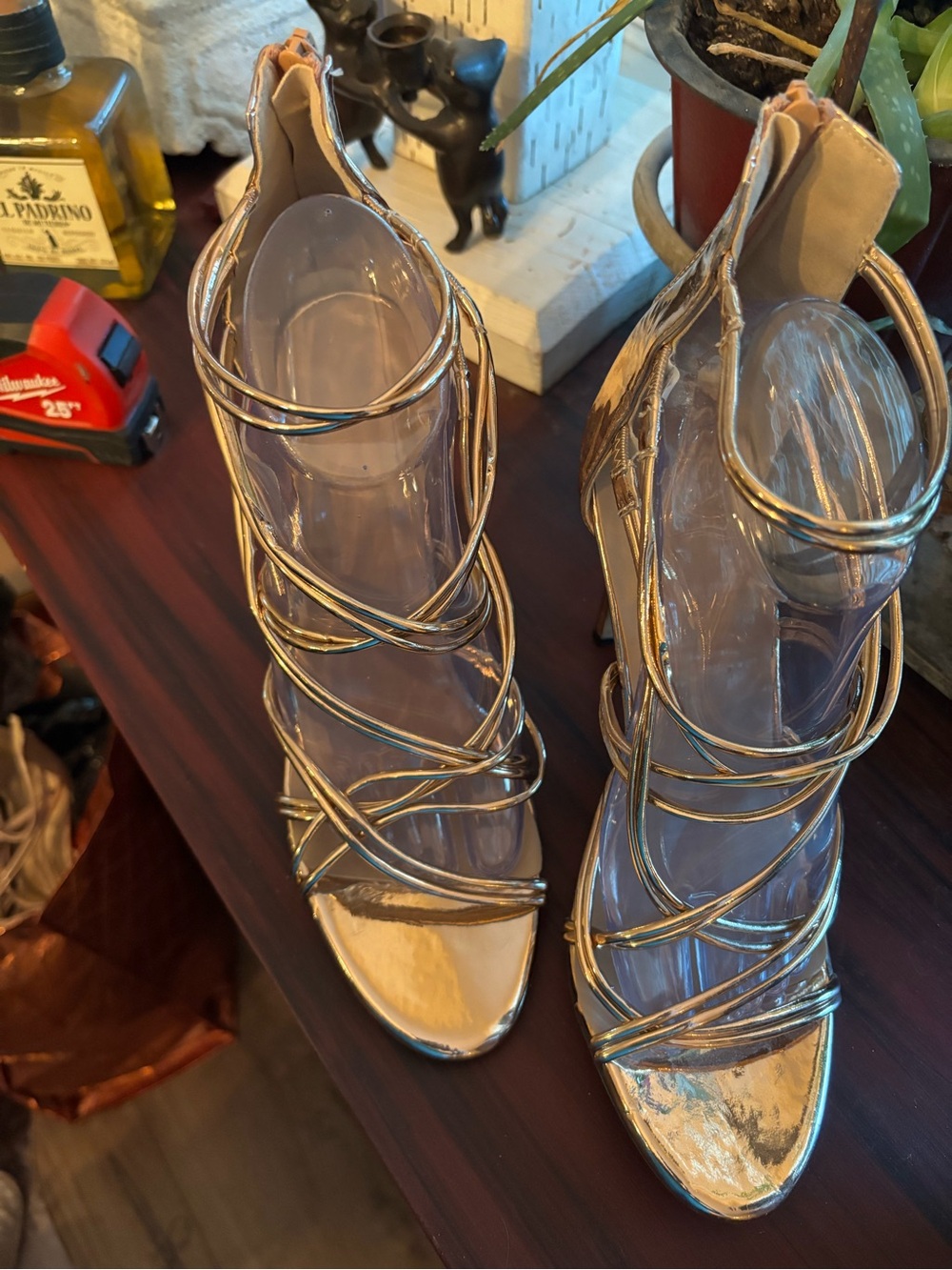 Gold Strappy High Heel Sandals - Women's Elegant Evening Shoes - Picture 2 of 9
